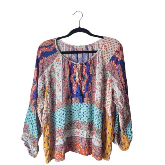 Farmer's Market Paisley Patchwork Print Peasant Boho Top - Picture 1 of 9